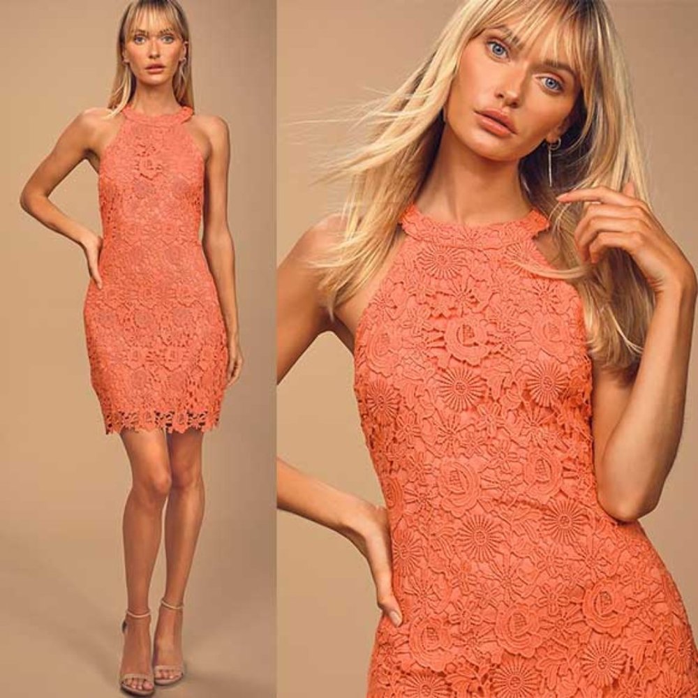 Lulu’s “Love Poem” Coral Orange Lace Dress M